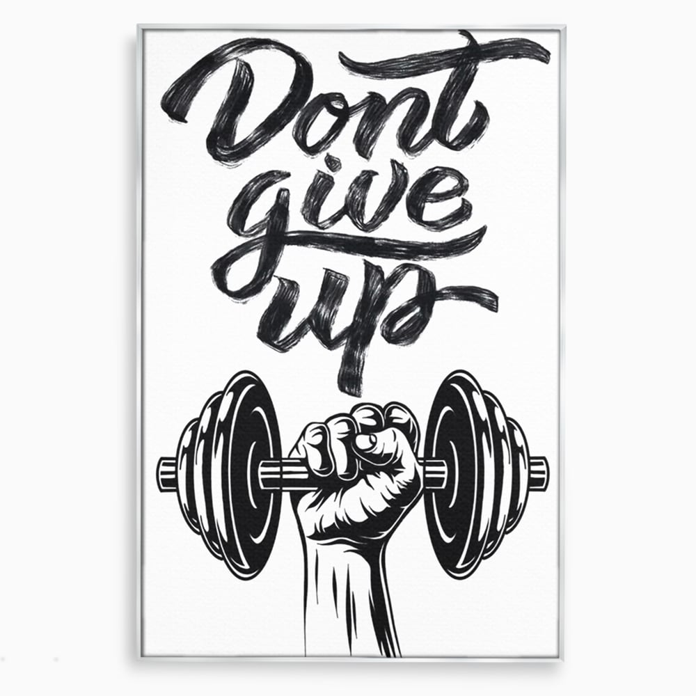 Tablou canvas cu ilustratie motivationala cu halterofil si mesaj, in rama de aluminiu argintiu